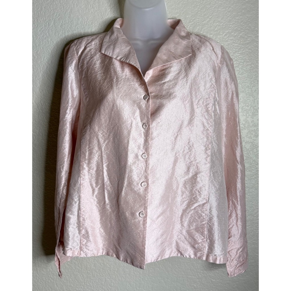 Eileen Fisher Petite M Silk Button Down Blouse Pink Textured Shimmer Career